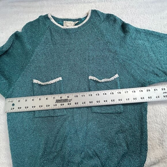 French Rags Women's Size 2 Green Hand Loomed Crew Neck Sweater Patch Pockets USA - Picture 5 of 6